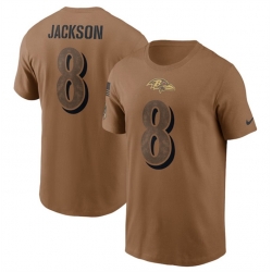 Men Baltimore Ravens 8 Lamar Jackson 2023 Brown Salute To Service Name Number T Shirt