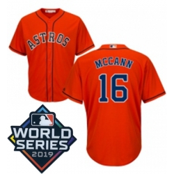 Mens Majestic Houston Astros 16 Brian McCann Replica Orange Alternate Cool Base Sitched 2019 World Series Patch Jersey