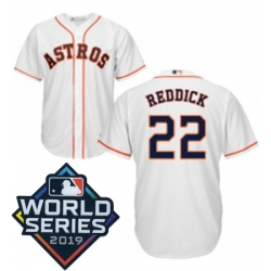 Mens Majestic Houston Astros 22 Josh Reddick Replica White Home Cool Base Sitched 2019 World Series Patch Jersey