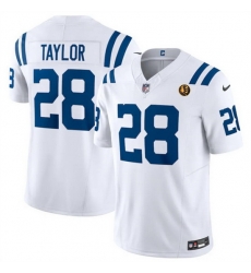 Men Indianapolis Colts 28 Jonathan Taylor White 2023 F U S E  With John Madden Patch Vapor Limited Stitched Football Jersey