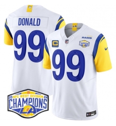 Men Los Angeles Rams 99 Aaron Donald White 2024 NFC West Champions With 4 Star C Patch F U S E  Vapor Untouchable Stitched Football Jersey