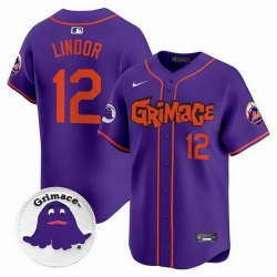 Men New York Mets 12 Francisco Lindor Purple Grimace V2 Vapor Limited Stitched Baseball Jersey