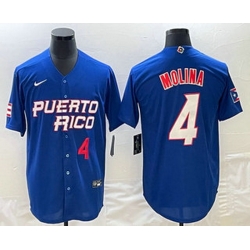 Mens Puerto Rico Baseball #4 Yadier Molina Number 2023 Blue World Baseball Classic Stitched Jersey