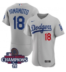 Men Nike Los Angeles Dodgers Yoshinobu Yamamoto #18 Gray Flex Base 2024 World Series Champions Stitched MLB Jersey