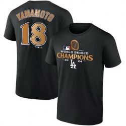 Men Los Angeles Dodgers 18 Yoshinobu Yamamoto Black 2024 World Series Champions Name  26 Number T Shirt