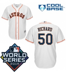 Mens Majestic Houston Astros 50 JR Richard Replica White Home Cool Base Sitched 2019 World Series Patch Jersey