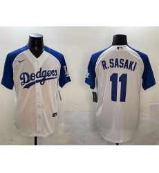 Men Los Angeles Dodgers 11 Roki Sasaki White Blue Cool Base Stitched Baseball Jersey