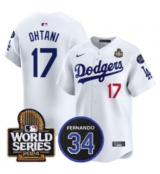 Men Los Angeles Dodgers 17 Shohei Ohtani White 2024 World Series With Fernando Memorial Patch Limited Stitched Baseball Jersey