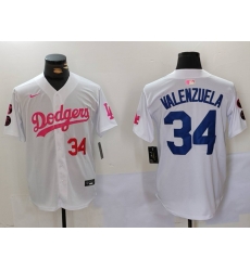 Men Los Angeles Dodgers 34 Fernando Valenzuela White Pink Vin  26 Kobe Patch Stitched Baseball Jersey 3