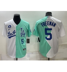 Men Los Angeles Dodgers 5 Freddie Freeman 2022 All Star White Green Cool Base Stitched Baseball Jersey