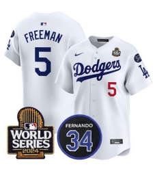 Men Los Angeles Dodgers 5 Freddie Freeman White 2024 World Series With Fernando Memorial Patch Limited Stitched Baseball Jersey