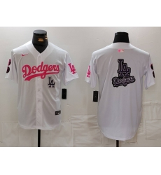 Men Los Angeles Dodgers Team Big Logo White Pink Vin  26 Kobe Patch Stitched Baseball Jersey 004