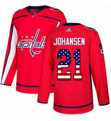 Mens Adidas Washington Capitals 21 Lucas Johansen Authentic Red USA Flag Fashion NHL Jersey 