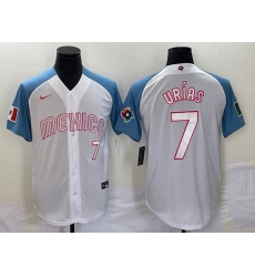 Men's Mexico Baseball #7 Julio Urias Number 2023 White Blue World Classic Stitched Jersey