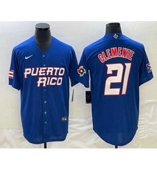 Men's Puerto Rico Baseball #21 Roberto Clemente 2023 Blue World Classic Stitched Jerseys