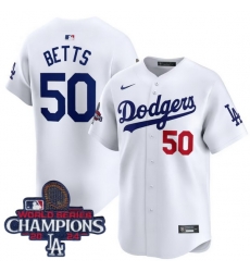 Men Nike Los Angeles Dodgers Mookie Betts #50 White Flex Base 2024 World Series Champions Stitched MLB Jersey