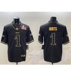 Men Philadelphia Eagles 1 Jalen Hurts Black Gold 2025 Super Bowl LIX Patch Salute To Service Vapor Untouchable Limited Stitched Football Jersey