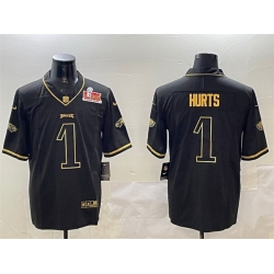 Men Philadelphia Eagles 1 Jalen Hurts Black Gold 2025 Super Bowl LIX Patch Salute To Service Vapor Untouchable Limited Stitched Football Jersey