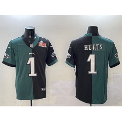 Men Philadelphia Eagles 1 Jalen Hurts Green  26 Black Split 2025 Super Bowl LIX Patch Vapor Untouchable Limited Stitched Football Jersey