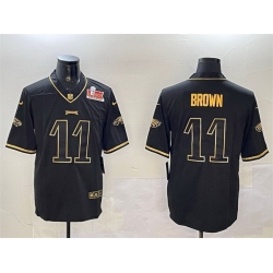 Men Philadelphia Eagles 11 A  J  Brown Black Gold 2025 Super Bowl LIX Patch Salute To Service Vapor Untouchable Limited Stitched Football Jersey