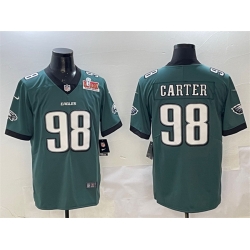 Men Philadelphia Eagles 98 Jalen Carter Green 2025 Super Bowl LIX Patch New Vapor Untouchable Limited Stitched Football Jersey