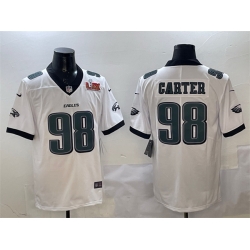 Men Philadelphia Eagles 98 Jalen Carter White 2025 Super Bowl LIX Patch New Vapor Untouchable Limited Stitched Football Jersey