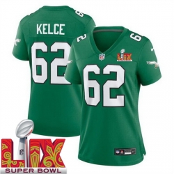 Women Philadelphia Eagles Jason Kelce #62 Kelly Green 2024 2025 Super Bowl LIX F U S E Stitched NFL Jersey